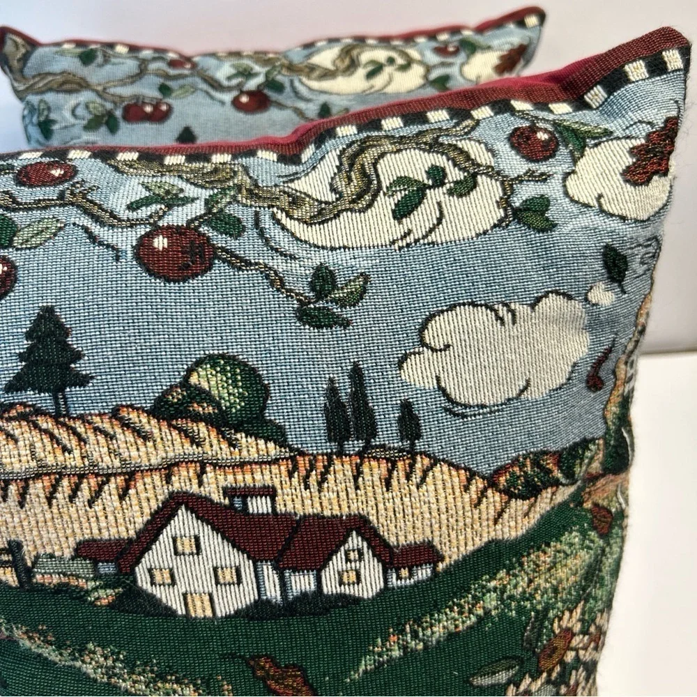 Set Of 2 Fall Autumn Thanksgiving Tapestry Throw Accent Pillows Scarecrow Apple